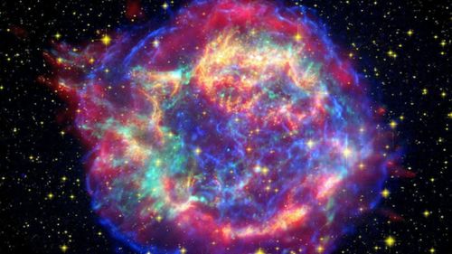 This false-colour picture shows off the many sides of the supernova remnant Cassiopeia A. (Image: NASA).