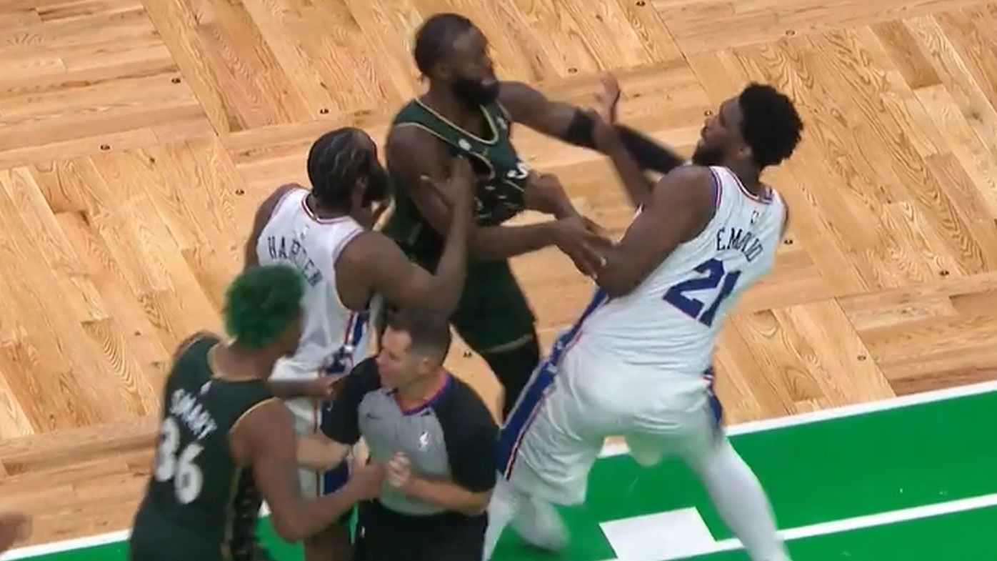 Joel Embiid and Jaylen Brown in a scuffle