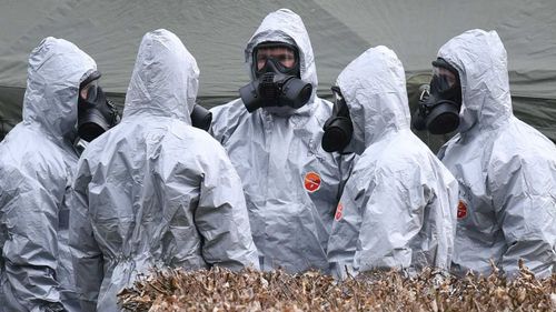 Forensic officers on the scene of the attack in Salisbury, England, on March 4. Picture: AAP