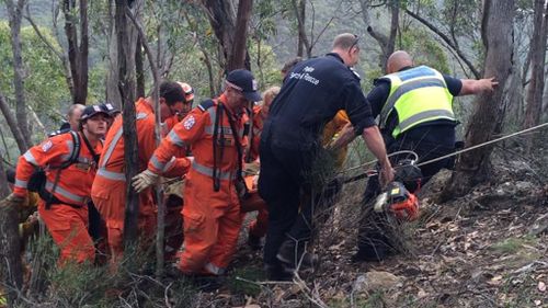 Woman stretchered out of treacherous terrain of Lerderderg state forest. (Jayde Vincent, 9NEWS)