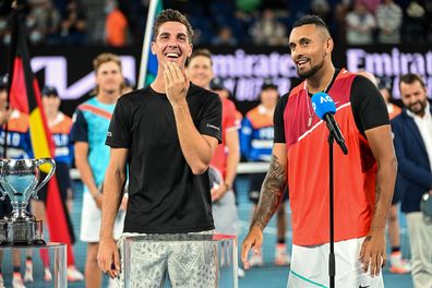 Thanasi Kokkinakis of Australia and Nick Kyrgios of Australia celebrate winning their Men's Doubles Final at the 2022 Australian Open at Melbourne Park on January 29, 2022 in Melbourne, Australia. 