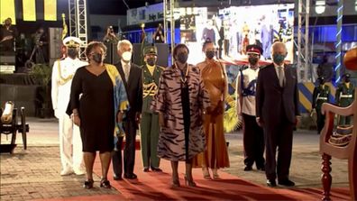 Prime Minister Mia Mottley, left, former cricketer Garfield Sobers, center left, President Sandra Mason, center, singer Rihanna Fenty, center right, and Prince Charles, right, attend the presidential inauguration ceremony in Bridgetown, Barbados