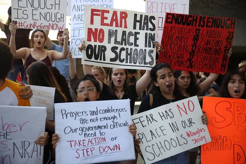The Marjory Stoneman Douglas High School shooting on February 14 saw 17 people shot dead and a mass outpouring of anger directed towards gun advocates. Picture: AAP.