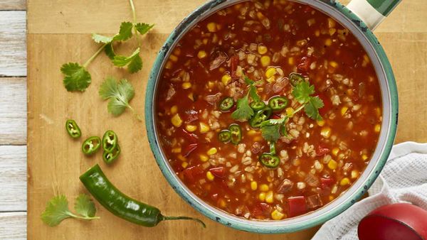 Chunky corn, tomato and chorizo soup with barley by McKenzie's