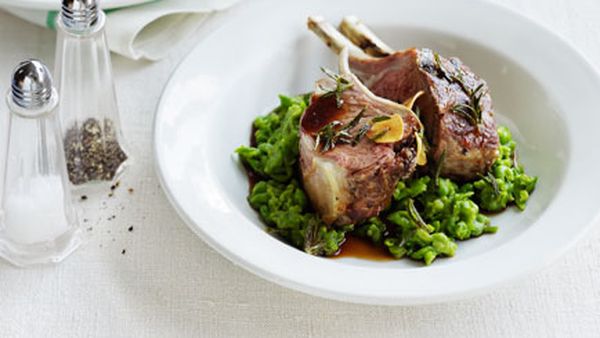 Roast lamb racks with mashed peas