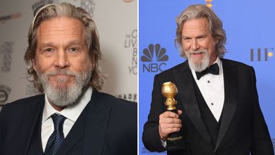 Jeff Bridges attends The Only Living Boy In New York Premiere in  2017 in New York City; poses in the press room during the 76th Annual Golden Globe Awards in 2019.