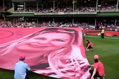 The McGrath Foundation banner is unfurled on Jane McGrath Day last year. (AAP)