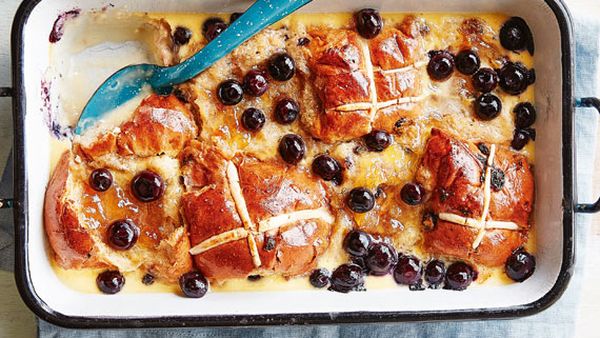 Lemon-blueberry hot cross bread and butter pudding