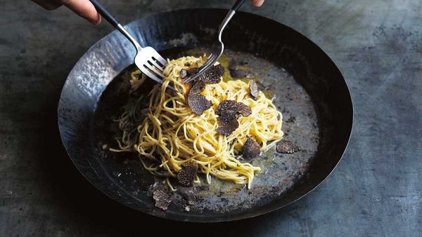 The Agrarian Kitchen's tajarin with truffle butter and truffled egg yolk