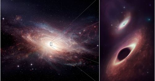 Această ilustrație ilustrează perechea de găuri negre descoperite în timpul fuziunii a două galaxii.