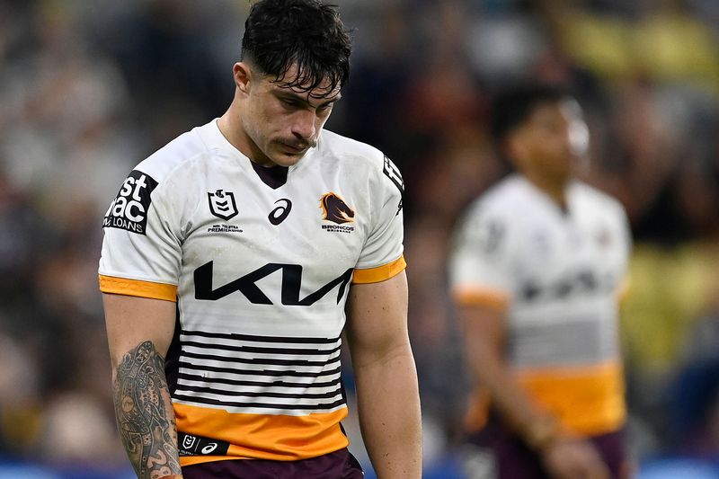 Kotoni Staggs of the Broncos looks dejected during his side&#x27;s round 16 loss to the Cowboys.