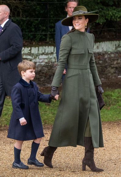 SANDRINGHAM, NORFOLK - DECEMBER 25:  Prince Louis and Catherine, Princess of Wales attend the Christmas Day service at Sandringham Church on December 25, 2022 in Sandringham, Norfolk. King Charles III ascended to the throne on September 8, 2022, with his coronation set for May 6, 2023. (Photo by Samir Hussein/WireImage)