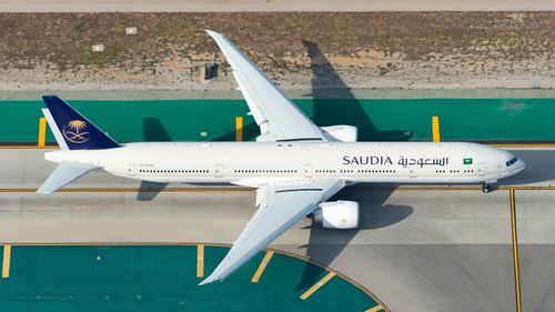 A Saudia plan prepares for takeoff.