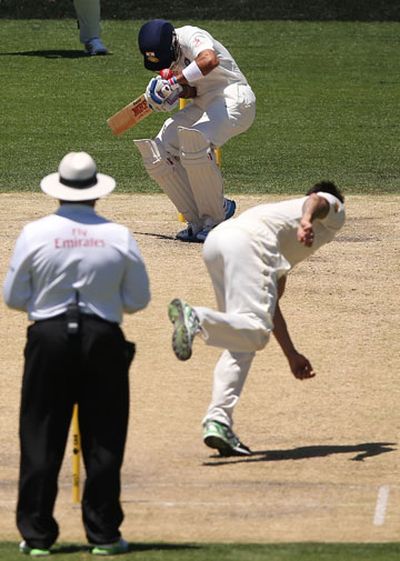 <b>A batsman being hit by a bouncer has revealed cricket's new landscape following the tragic death of Phillip Hughes.</b><br/><br/>Celebration quickly turned to concern for Mitchell Johnson after he struck Indian skipper Virat Kohli first ball after taking a wicket in the First Test.<br/><br/>Johnson quickly went from a high to an upsetting low after he hit Kohli flush on the front of the helmet with a bouncer.<br/><br/>Rushing in to check on Kohli’s health, Johnson was pulled away by Michael Clarke, who tried to soothe the emotions of his spearhead bowler.<br/><br/><br/>