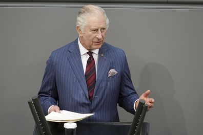 King Charles III speaks in the German parliament Bundestag on the second day of his trip to Germany in Berlin, Thursday, March 30, 2023.   