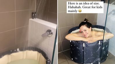 Tammin Sursok using an inflatable bathtub