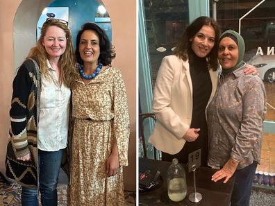 Ayubi with Miranda Otto and Ayubi's mother with Nigella Lawson at Parwana Afghan Kitchen in Adelaide.