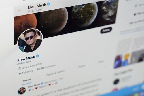 The Twitter page of Elon Musk is seen on the screen of a computer in Sausalito, Calif., on Monday, April 25, 2022. 