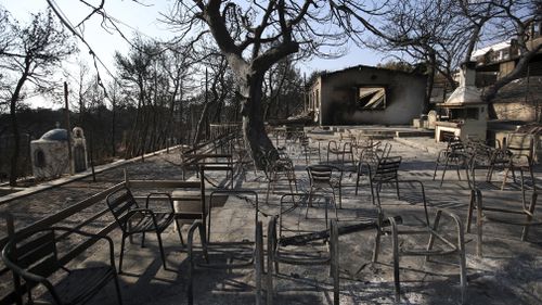 A summer camp destroyed by the fires in Mati. Picture: AP