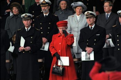 The Queen wipes away a tear during the de-commissioning ceremony for Royal Yacht Britannia in 1997