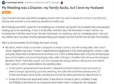 Reddit post about bride upset with family following wedding