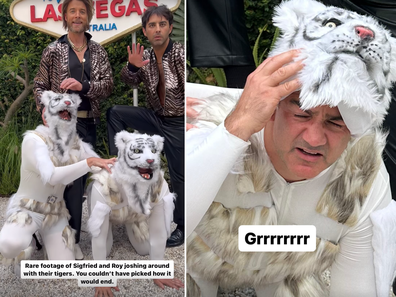 Hamish Blake with Tom Ivey and Wippa dressed as tigers.