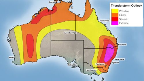 Parts of NSW and southern Queensland may see large hail today and heavy rainfall. (Morecast.com)