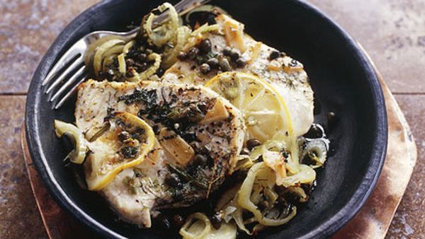 Baked swordfish with fennel, lemons and capers (Pesce spada al forno)
