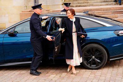 Patricia Anne Bailey, sister of Denmark's Queen Mary arrives for the confirmation of Prince Vincent and Princess Josephine at Fredensborg Palace Church, Denmark, Saturday, April 18, 2026. (Ida Marie Odgaard/Ritzau Scanpix via AP)