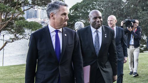 ADMIRALTY HOUSE, KIRRIBILLI, SYDNEY, NSW. Defence Minister Richard Marles and Minister Wong alongside their United Kingdom counterparts including UK Foreign Secretary David Lammy and Secretary of State for Defence of UK John Healey  25th July 2025 Photo: Steven Siewert