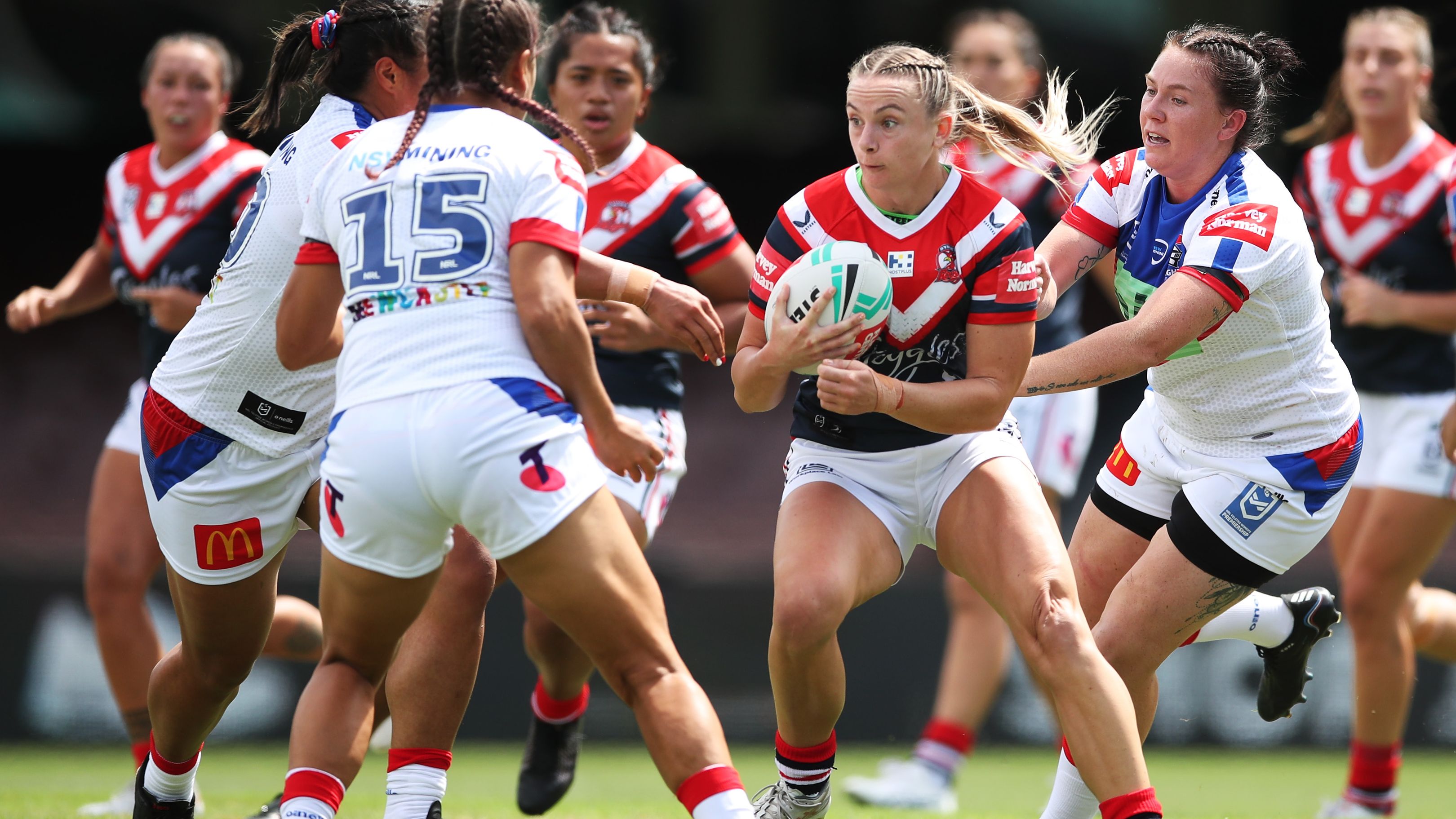 The Rooster&#x27;s Brydie Parker takes on the defence during the round three NRLW match.