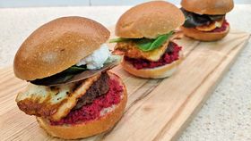 Lamb and haloumi sliders with spiced raw beetroot and cashew dip