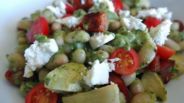 Bean and chorizo salad with salsa verde