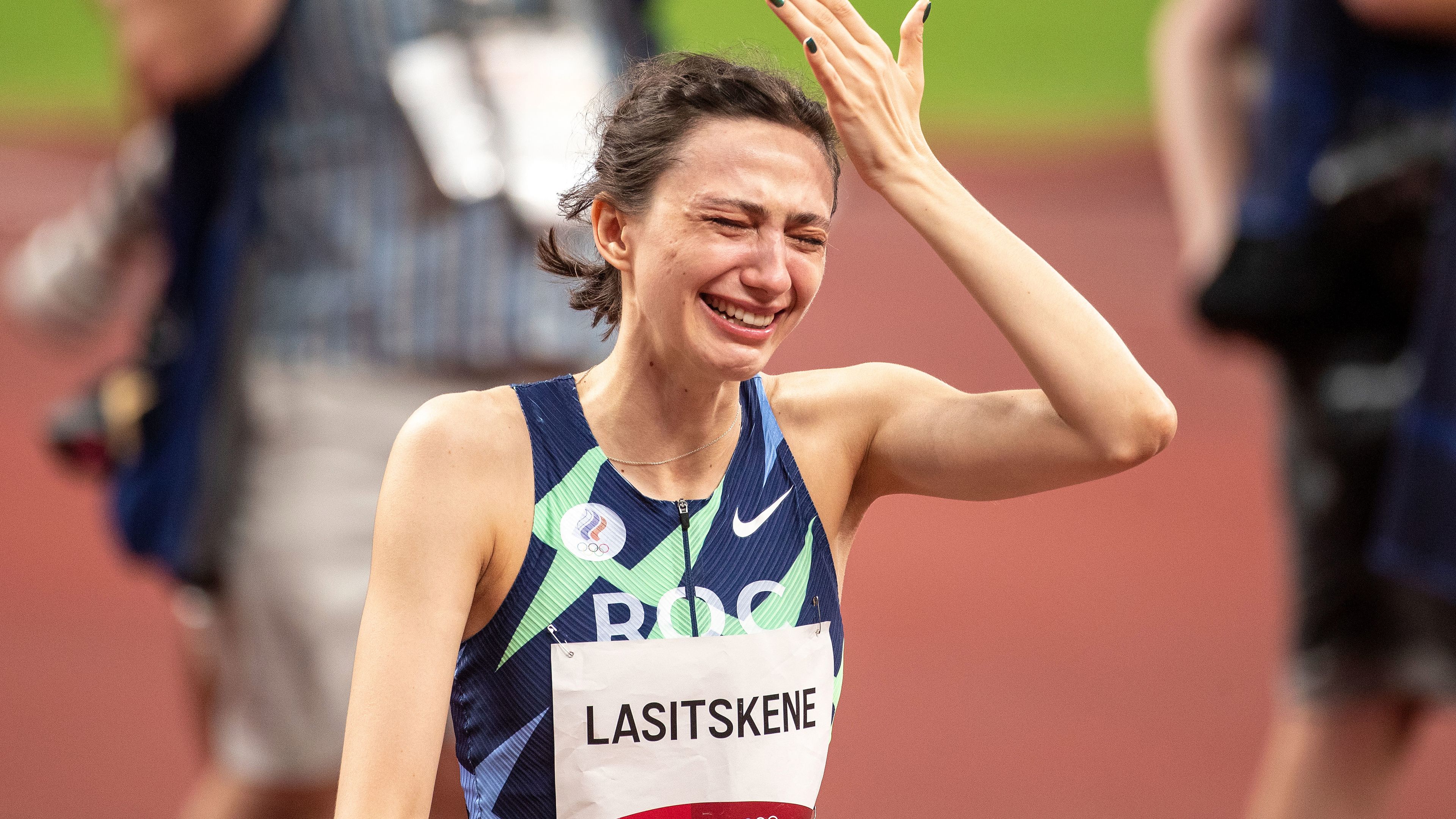Russia&#x27;s Mariya Lasitskene reacts after winning the gold medal in the high jump at the Tokyo 2020 Summer Olympic Games. 