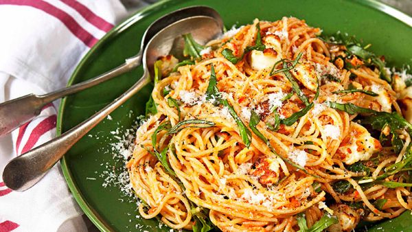 Red pesto spaghetti with rocket and haloumi