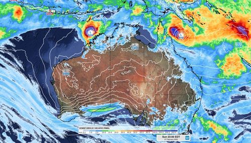 ECMWF mean sea level pressure (MSLP) and 24-hour rainfall forecast at 11pm AEDT Sunday, February 27, showing low pressure systems or cyclones to the northwest and northeast of Australia.
