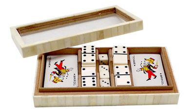 White game box with cards, dominoes and dice.