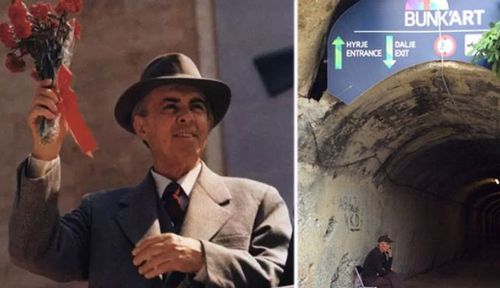 Albanian dictator Enver Hoxha and the entrance to Bunker'Art1. 