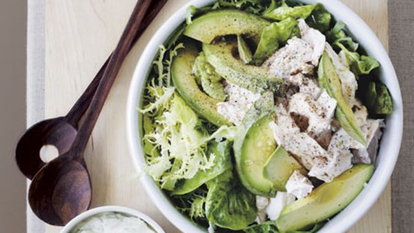 Verjuice-poached chicken and baby leaves with basil salad cream