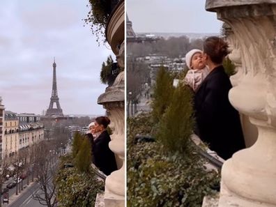 Video of mum Camila Coelho holding her son while close to balcony edge of building in Paris. 