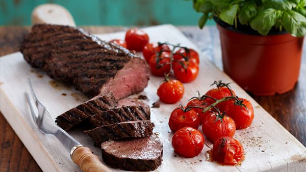 Marinated beef fillet with truss tomatoes