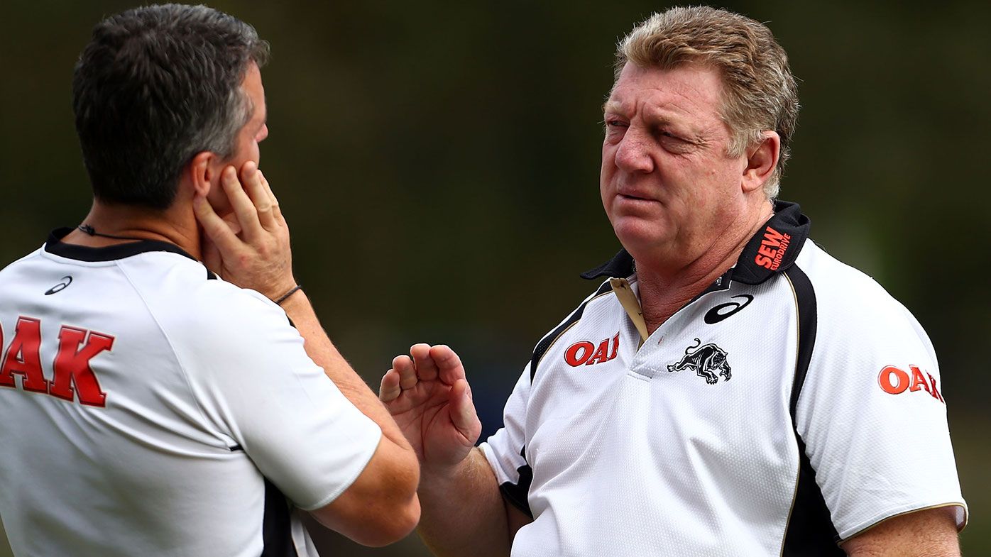 Phil Gould talks with coach Ivan Cleary during a Penrith Panthers NRL training session at Sportingbet Stadium on April 15, 2014
