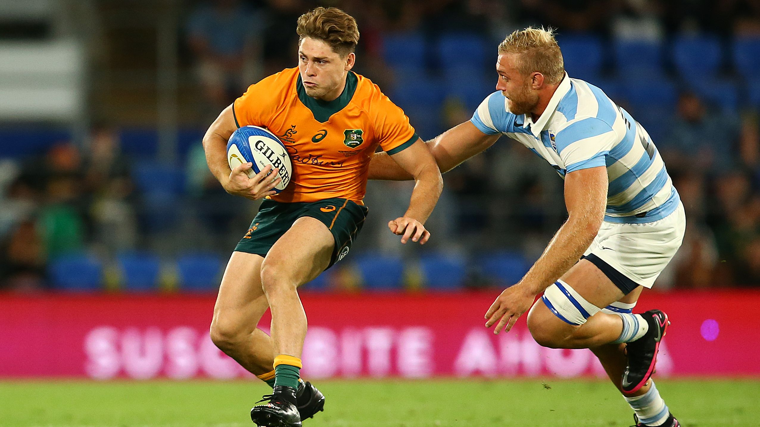 James O&#x27;Connor of the Wallabies makes a run against the Pumas.