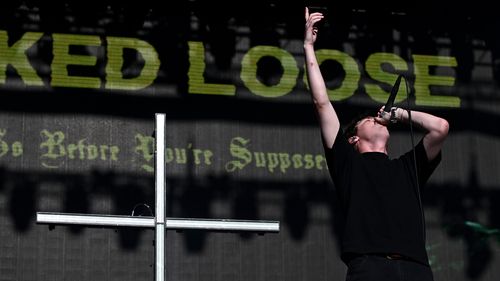 Bryan Garris of Knocked Loose performs during the 2025 When We Were Young Music Festival at the Las Vegas Festival Grounds on October 18, 2025 in Las Vegas, Nevada.