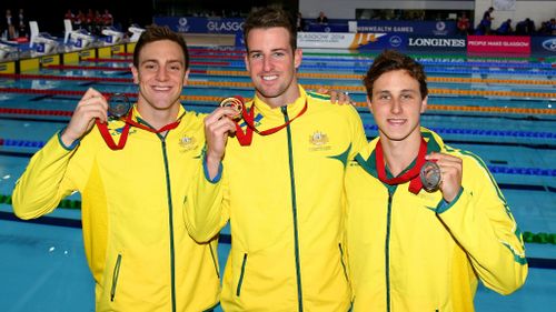 Fellow Australians James Magnussen with silver medallist Cameron McEvoy and bronze medallist Tommaso D'Orsogna.