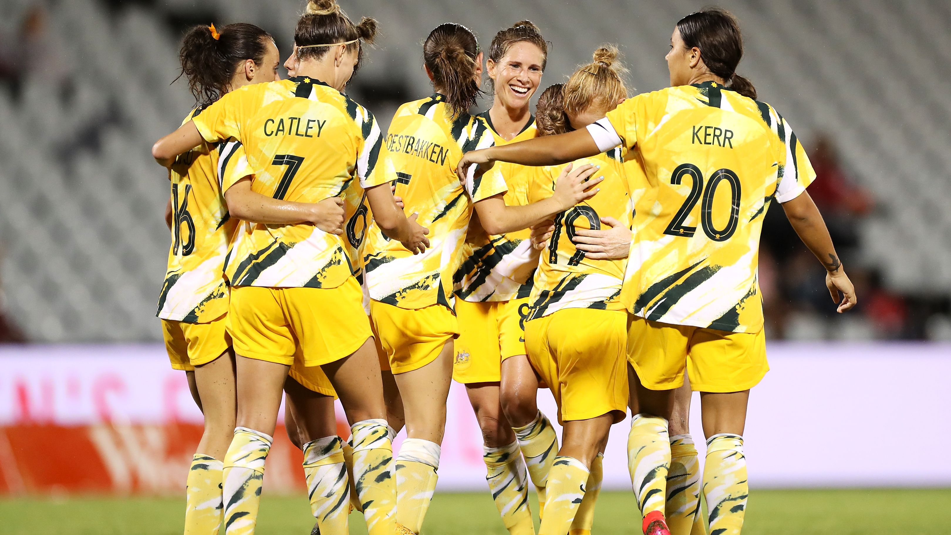 Katrina Gorry of the Matildas celebrates with her team mates after scoring a goal during the Women&#x27;s Olympic Football Tournament Qualifier match between the Australian Matildas and Chinese Taiepi at Campbelltown Sports Stadium on February 07, 2020.