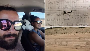 José, 29, and Nicky, 32, were driving home to Cairns from Adelaide with their puppy Loki when they got bogged on an outback road.