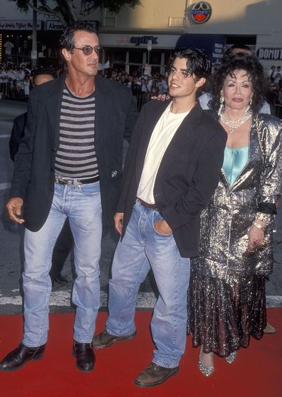 Sylvester Stallone, son Sage Stallone and mother Jackie Stallone attend the "True Lies" Westwood Premiere on July 12, 1994 at the Mann Village Theatre in Westwood, California.