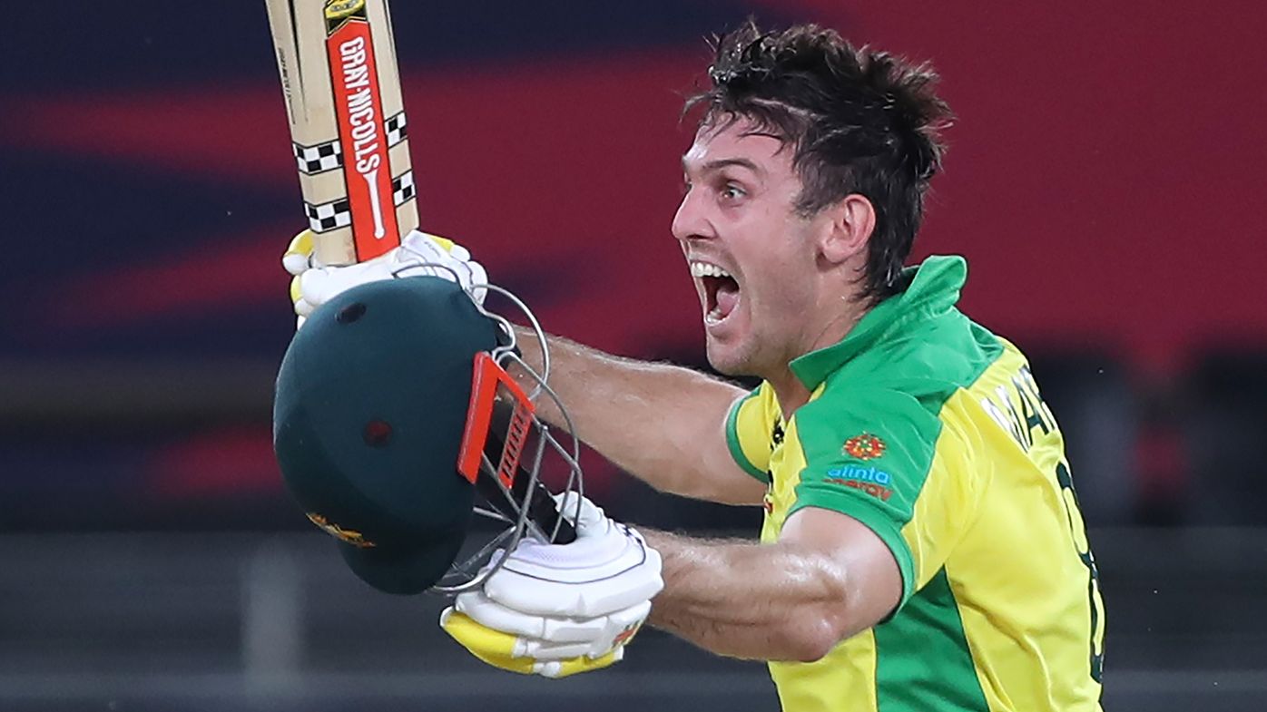 Mitchell Marsh celebrates Australia&#x27;s T20 World Cup win over New Zealand.