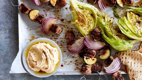 Lamb, vegetable and lemon skewers with grilled lettuce wedges recipe